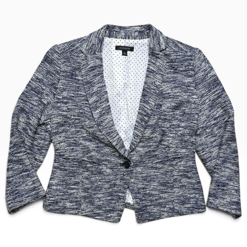 Ann Taylor Blue White Tweed Knit Blazer Polka Dot Lining Size 6